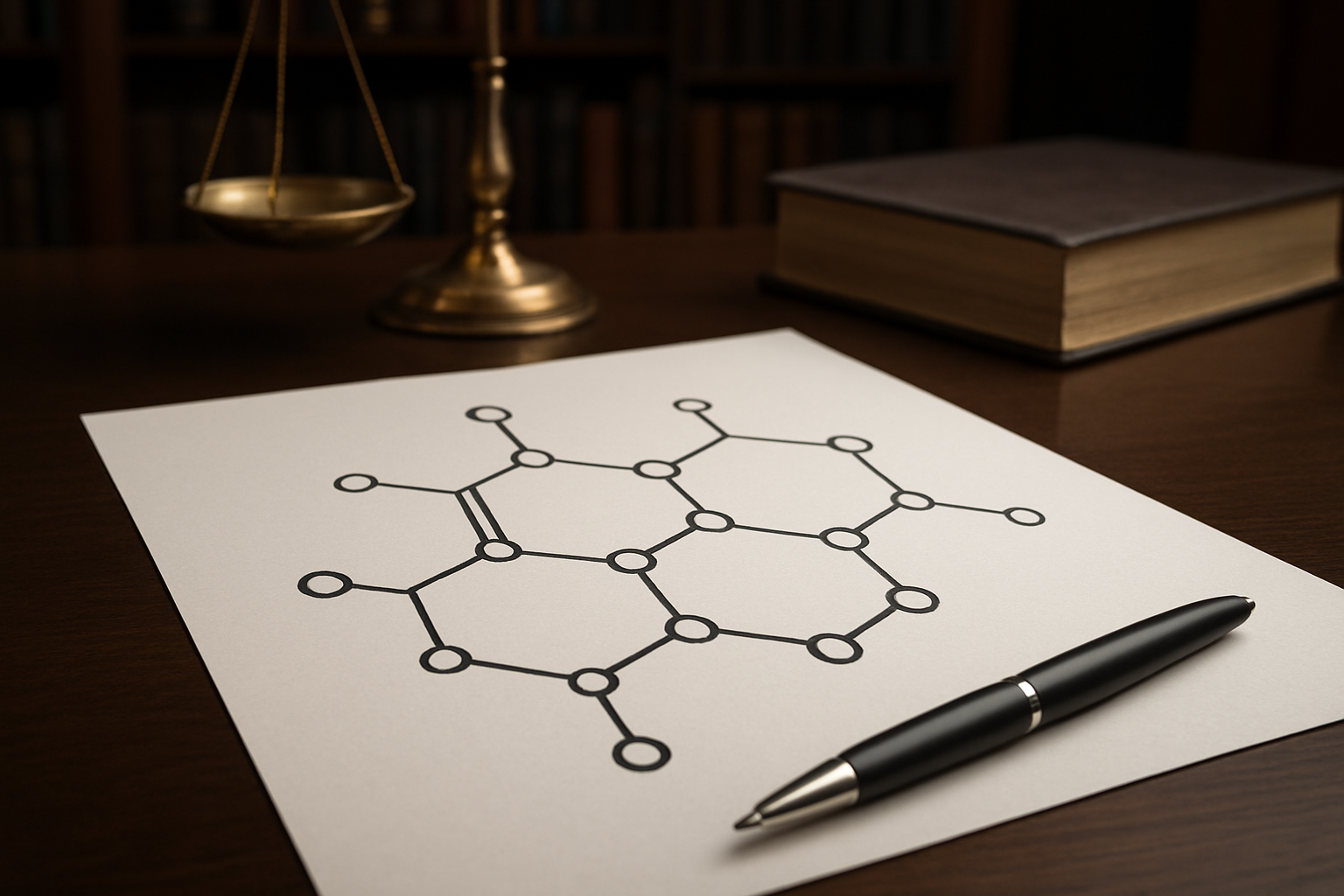 Chemical structure diagram on paper with a pen and a scale in the background