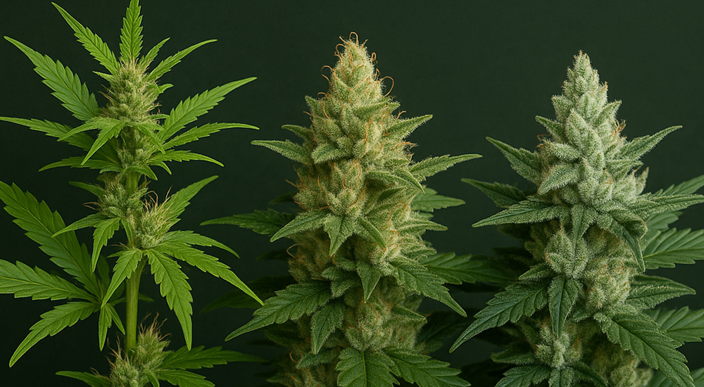 Three cannabis plants showcasing different stages and types of growth.